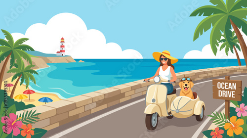 A carefree woman enjoys a seaside ride on her scooter with her loyal dog, under the vibrant sun and along the picturesque Ocean Drive with palm trees lining the shore.