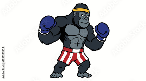 A formidable gorilla character showcasing strength in boxing attire stands poised for action, embodying courage, determination, and the spirit of fierce competition and fitness.