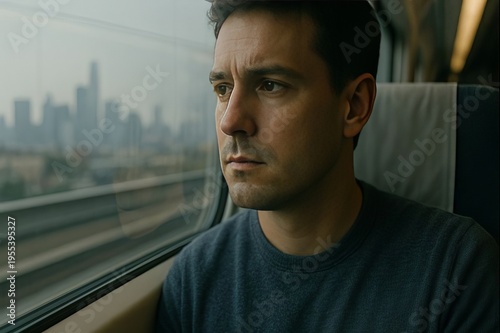 Man looking out train window, thoughtful urban journey