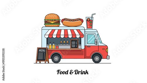Vibrant food truck features large models of a burger, a hot dog, and a red drink on its roof to attract customers in a park setting.