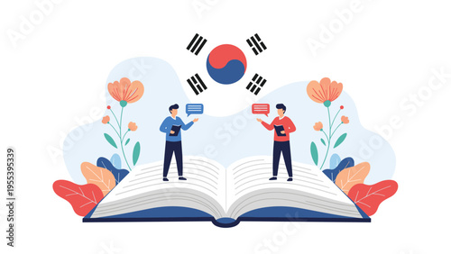 Educational illustration shows two students standing on a large open book under a South Korean flag to represent language learning.