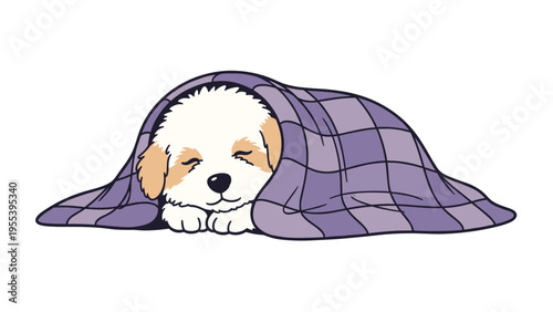 Adorable small dog is sleeping soundly while buried under a purple checkered blanket for a warm and cozy domestic pet illustration.