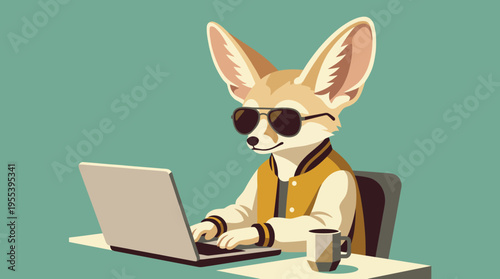 A stylish cartoon fox is sitting at a desk, wearing sunglasses and working on a laptop, representing a fun and trendy perspective on modern technology and lifestyle choices.