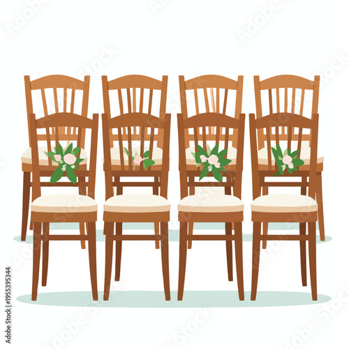Six wooden chairs with green plants on their seats are arranged in a row