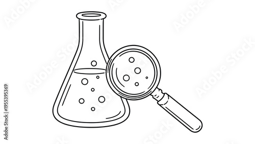 Laboratory Flask with Magnifying Glass – Minimal Line Art Science Research Illustration