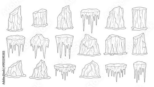 Collection of floating island sketches with rocky textures and hanging stalactites for fantasy environment concept art.