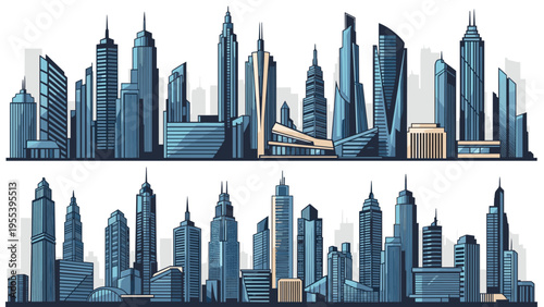 Modern city skyline banners featuring various tall skyscrapers and architectural buildings in shades of deep blue.
