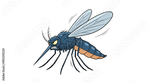 Cartoon illustration of an angry mosquito character flying with its wings buzzing and a mean facial expression.