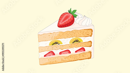 Mouthwatering slice of layer cake decorated with fresh strawberries kiwi slices and whipped cream on a light background.