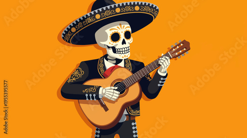 A creatively designed skeleton dressed in traditional Mexican attire, playing the guitar, embodies cultural celebration and joy typical of Dia de los Muertos festivities in a vibrant style.