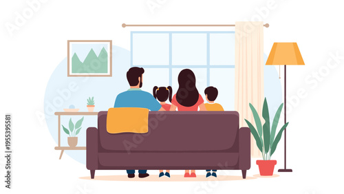Loving family of four sitting on a purple sofa looking out of a large window in a cozy living room home setting.