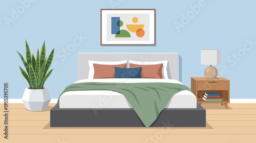 A calming modern bedroom featuring stylish decor, a fresh color palette, and organized furnishings, embodying tranquility and comfort for a peaceful night's rest.