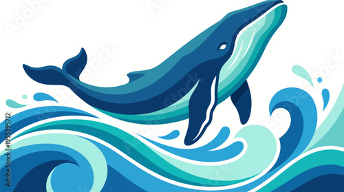 A stunning illustration of a whale breaching the surface of the ocean amidst vibrant turquoise waves, capturing the beauty of marine life and oceanic environments.