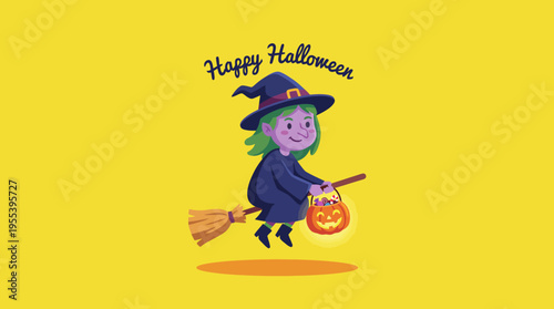 A charming cartoon witch flies on her broomstick, joyfully celebrating Halloween with a pumpkin basket, highlighting the spirit of festivity and youthful imagination.