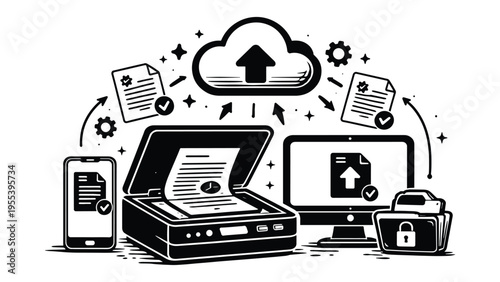 Cloud Data Backup and Storage – Minimal Line Art Technology Illustration