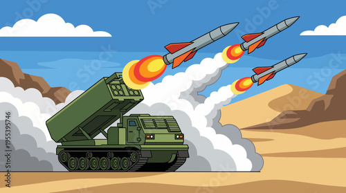An illustration depicting a military vehicle launching missiles against a backdrop of a desert landscape, symbolizing power, conflict, and the dynamics of warfare in modern times.