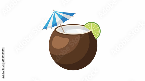 A delightful depiction of a coconut drink garnished with a colorful umbrella and lime slice, symbolizing relaxation, refreshment, and the joys of tropical summer experiences.