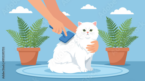 A person gently brushes a fluffy white cat, showcasing an intimate bond between pet and owner, representing love, care, and companionship in a nurturing environment.
