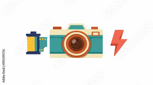 This artistic illustration showcases a vintage camera, film roll, and flash symbol, representing photography and creativity in a stylish and modern design.