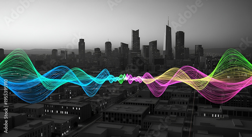 Cityscape with colorful sound waves, abstract concept of urban noise and music