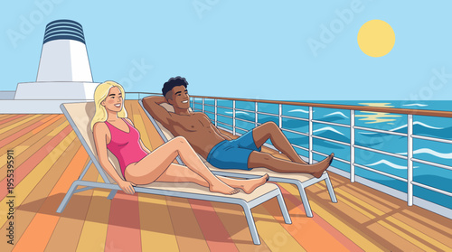 A relaxed couple enjoys sunbathing on a cruise ship deck, capturing the essence of vacationing at sea while basking in the sun and enjoying each other's company.