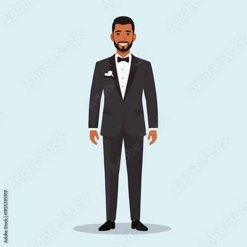 A man in a formal black suit with a white shirt stands indoors