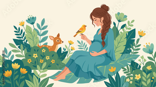A serene scene of an expectant mother enjoying nature, sitting amidst lush greenery, while a deer and a bird approach her, symbolizing tranquility and maternal connection.