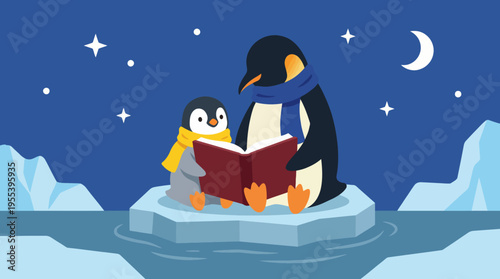 Two adorable penguins, one parent and child, share a whimsical moment reading a book together on floating ice, depicting warmth and connection in a snowy backdrop.