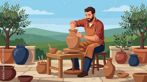 A captivating illustration of a potter skillfully shaping clay on a wheel, set in a picturesque landscape, reflecting the art of craftsmanship and creativity in pottery making.
