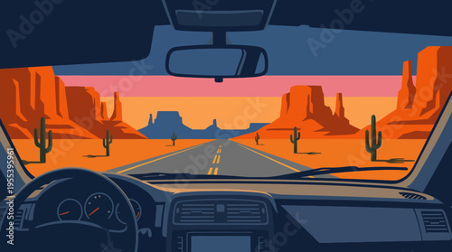 A stunning illustration showing the view of a scenic desert landscape from inside a car, evoking feelings of adventure and the beauty of nature's vastness while driving.