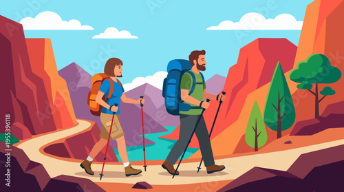 A vibrant illustration depicts two hikers trekking along a scenic trail surrounded by stunning mountains and lush greenery, embodying adventure and the beauty of nature.