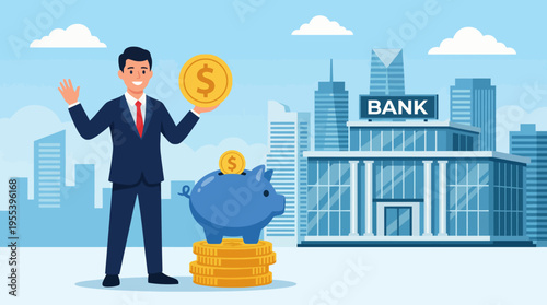 A cheerful businessman holds a coin, showcasing financial success, next to a piggy bank atop stacked coins, representing savings and investment concepts in a modern bank setting.