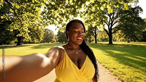 Smiling Black woman in a yellow dress taking a selfie in a sunny green park, radiant summer sunlight with lens flare, happy lifestyle concept.