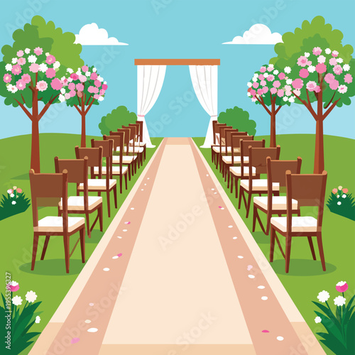 A serene outdoor wedding ceremony takes place on a lush green lawn with flower trees and a pathway leading to a decorated arch.