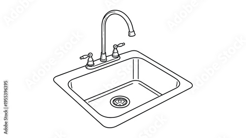 Kitchen Sink with Faucet – Minimal Line Art Plumbing Fixture Illustration