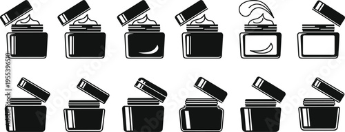 Cosmetic cream jar illustration, skincare product usage, beauty cream depletion concept, empty jar progression, cosmetic packaging lifecycle, black white design
