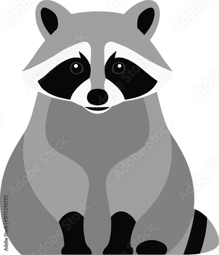 Stylized seated raccoon illustration in shades of gray and black on white