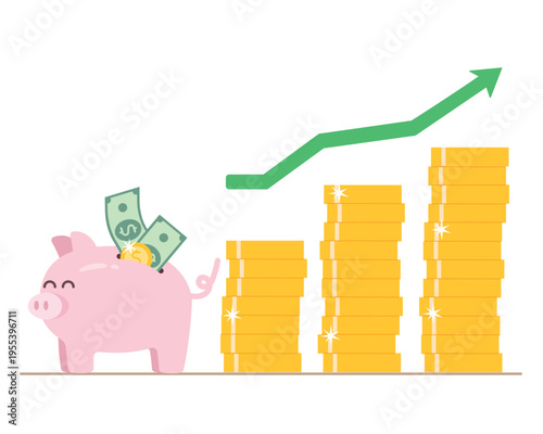piggy bank with gold coins and graph growth up concept.