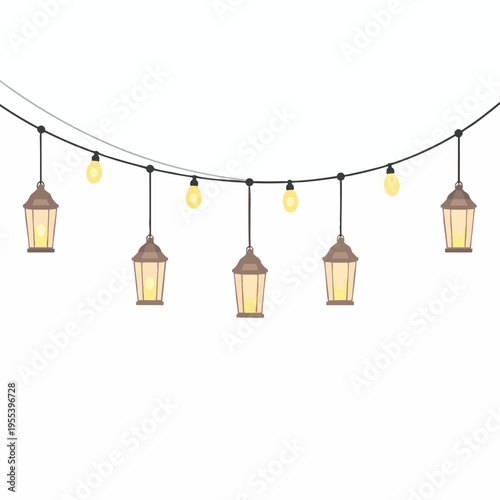 A string of lantern-style lights hangs in a warm outdoor setting with a clear nighttime view