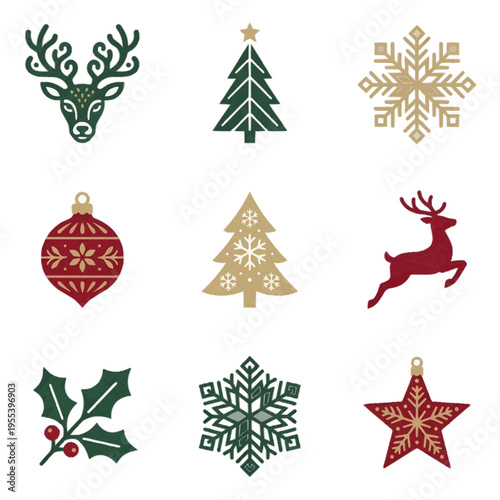 北欧風の洗練されたクリスマスアイコン9種セット 白背景に孤立したミニマルなベクターイラスト 慶事用カードやデザインに最適な季節の素材