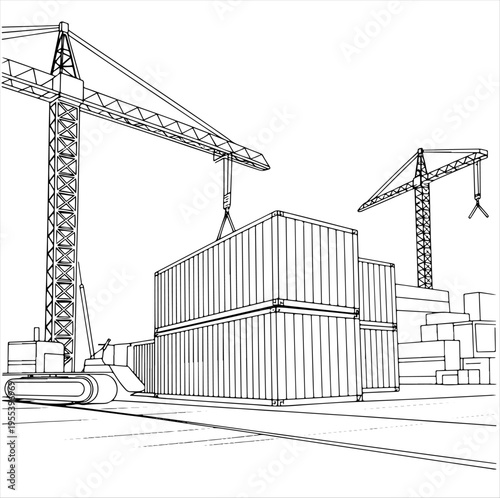 Industrial line drawing of cranes and stacked containers, logistics scene suitable for coloring page.