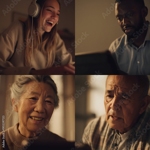 Four-person split-screen video call: young woman with headphones laughing, man focused on laptop, elderly woman smiling, elderly man pensive, remote connection concept, Modern communication