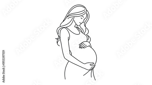 Pregnant Woman Holding Belly – Minimal Line Art Maternity Illustration