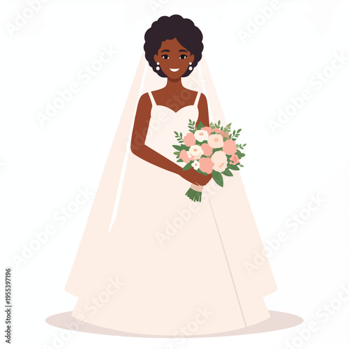 A smiling dark-skinned woman in a wedding dress and veil holds a bouquet of flowers indoors.