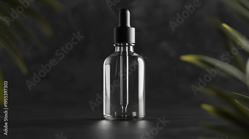 Clear glass dropper bottle centered on dark moody background with soft side leaves, minimalist cosmetic product shot