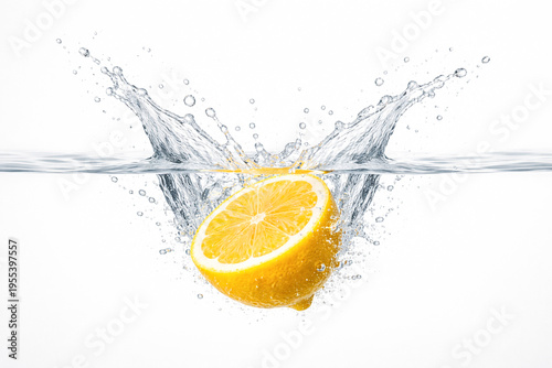 Bright lemon wedge falling into water creating dynamic splash and bubbles, isolated on white background. Fresh citrus concept for detox drinks, hydration and healthy lifestyle.