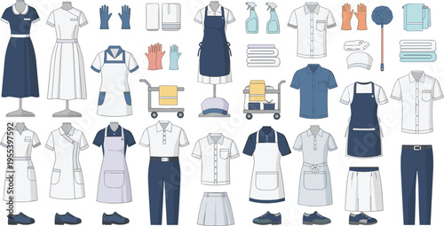 Professional housekeeping and cleaning service uniform set with maid dresses aprons medical scrubs and janitorial equipment isolated on white background vector