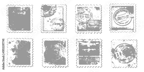 Vintage vector set of hand drawn illustrations featuring a man and woman within blank stamp frames and decorative paper borders for old postage card design templates