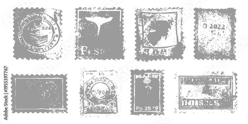 Vintage philately collection featuring a set of aged world postage stamps with a house sketch design and a grunge vector border on antique paper