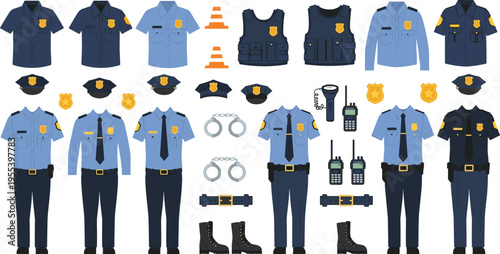 Large collection of police officer uniforms and law enforcement equipment icons including tactical vest handcuffs radio badges boots and security gear